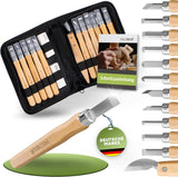 Schnitzwerkzeug Set (16-teilig) mit Anleitung für 1 Schnitzprojekt - 12 hochwertige Schnitzmesser zum Schnitzen mit prakt. Werkzeugtasche
