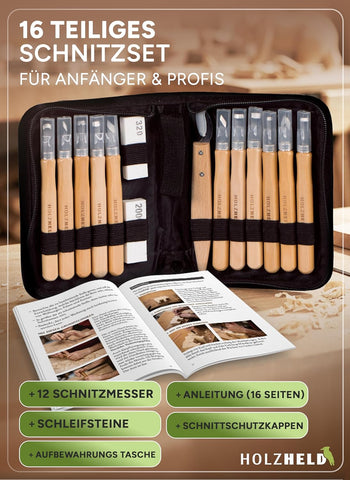 Schnitzwerkzeug Set (16-teilig) mit Anleitung für 1 Schnitzprojekt - 12 hochwertige Schnitzmesser zum Schnitzen mit prakt. Werkzeugtasche