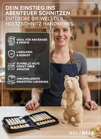 Schnitzwerkzeug Set (16-teilig) mit Anleitung für 1 Schnitzprojekt - 12 hochwertige Schnitzmesser zum Schnitzen mit prakt. Werkzeugtasche