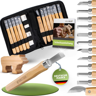 Schnitzwerkzeug und Schnitzrohling (17-teilig) mit Anleitung für 1 Schnitzprojekt & Holzrohling aus Lindenholz -12 hochwertige Schnitzmesser