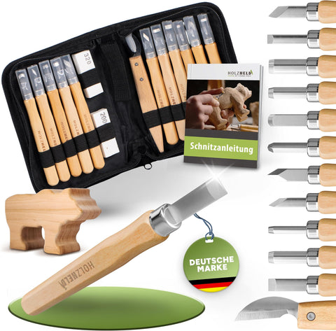 Schnitzwerkzeug und Schnitzrohling (17-teilig) mit Anleitung für 1 Schnitzprojekt & Holzrohling aus Lindenholz -12 hochwertige Schnitzmesser