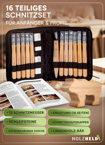 Schnitzwerkzeug und Schnitzrohling (17-teilig) mit Anleitung für 1 Schnitzprojekt & Holzrohling aus Lindenholz -12 hochwertige Schnitzmesser