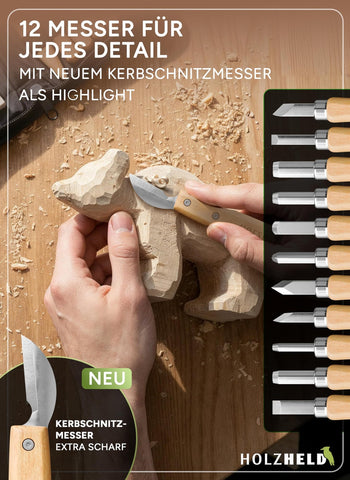 Schnitzwerkzeug und Schnitzrohling (17-teilig) mit Anleitung für 1 Schnitzprojekt & Holzrohling aus Lindenholz -12 hochwertige Schnitzmesser