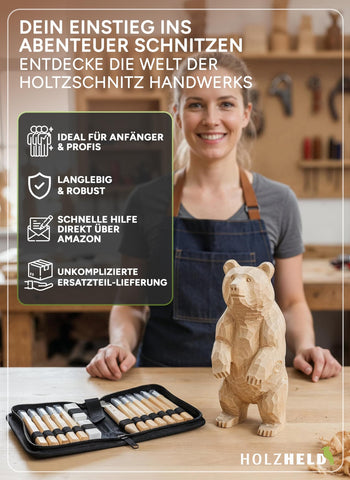 Schnitzwerkzeug und Schnitzrohling (17-teilig) mit Anleitung für 1 Schnitzprojekt & Holzrohling aus Lindenholz -12 hochwertige Schnitzmesser