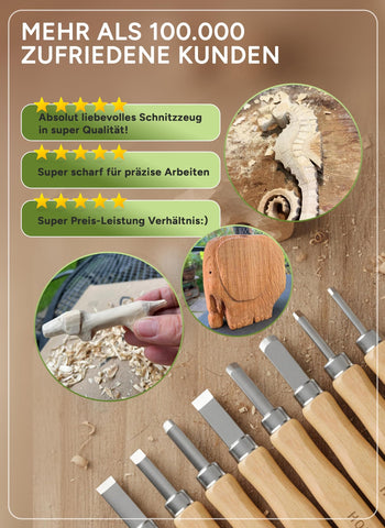 Schnitzwerkzeug und Schnitzrohling (17-teilig) mit Anleitung für 1 Schnitzprojekt & Holzrohling aus Lindenholz -12 hochwertige Schnitzmesser