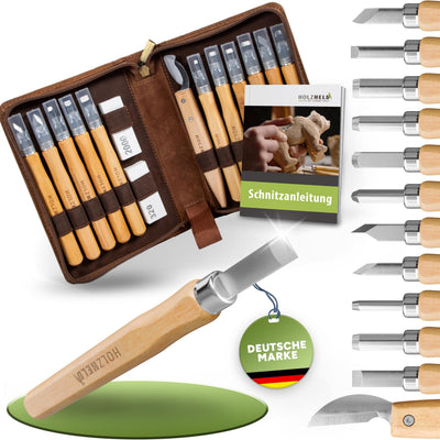 Schnitzwerkzeug-Set (16-teilig) in hochwertig verarbeiteter Ledertasche. Schnitzset mit hochwertigen Schnitzmessern inkl. Anleitung