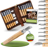 Schnitzwerkzeug-Set (16-teilig) in hochwertig verarbeiteter Ledertasche. Schnitzset mit hochwertigen Schnitzmessern inkl. Anleitung