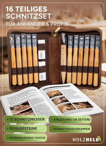 Schnitzwerkzeug-Set (16-teilig) in hochwertig verarbeiteter Ledertasche. Schnitzset mit hochwertigen Schnitzmessern inkl. Anleitung