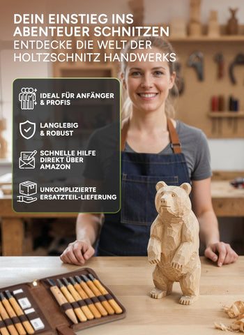 Schnitzwerkzeug-Set (16-teilig) in hochwertig verarbeiteter Ledertasche. Schnitzset mit hochwertigen Schnitzmessern inkl. Anleitung