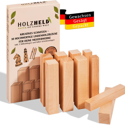 Lindenholz zum Schnitzen – 10-teiliges Set aus Lindenholz – inkl. 7 Schnitzfiguren Rohling – Schnitzrohlinge, Schnitzholz für Anfänger inkl. 3 x Stiftrohling