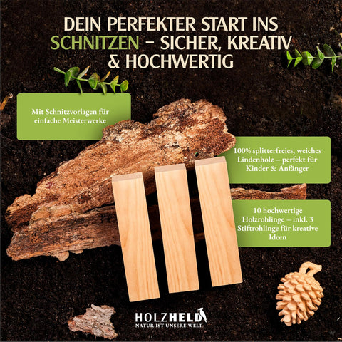 Lindenholz zum Schnitzen – 10-teiliges Set aus Lindenholz – inkl. 7 Schnitzfiguren Rohling – Schnitzrohlinge, Schnitzholz für Anfänger inkl. 3 x Stiftrohling