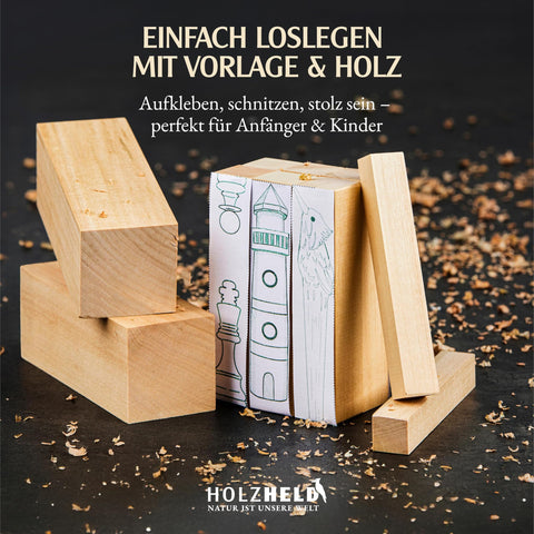 Lindenholz zum Schnitzen – 10-teiliges Set aus Lindenholz – inkl. 7 Schnitzfiguren Rohling – Schnitzrohlinge, Schnitzholz für Anfänger inkl. 3 x Stiftrohling