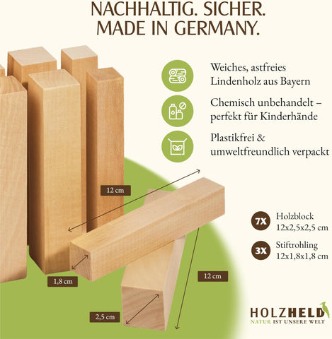 Lindenholz zum Schnitzen – 10-teiliges Set aus Lindenholz – inkl. 7 Schnitzfiguren Rohling – Schnitzrohlinge, Schnitzholz für Anfänger inkl. 3 x Stiftrohling