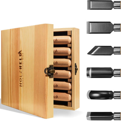 6-teiliges Stechbeitel-Set bestehend aus Stechbeitel und Hohlbeitel zur Holzbearbeitung für Hobbyhandwerker. Hochwertiger japanischer Stahl zum Holzwerken.