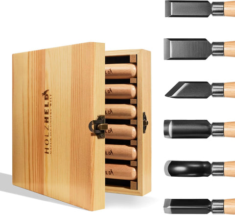 6-teiliges Stechbeitel-Set bestehend aus Stechbeitel und Hohlbeitel zur Holzbearbeitung für Hobbyhandwerker. Hochwertiger japanischer Stahl zum Holzwerken.