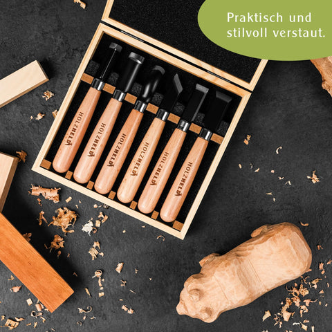 6-teiliges Stechbeitel-Set bestehend aus Stechbeitel und Hohlbeitel zur Holzbearbeitung für Hobbyhandwerker. Hochwertiger japanischer Stahl zum Holzwerken.
